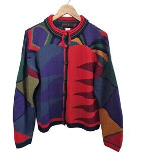 Vtg Earth Tones Cardigan Women XL 90s Knit Colorblock Whimsical Granny Southwest